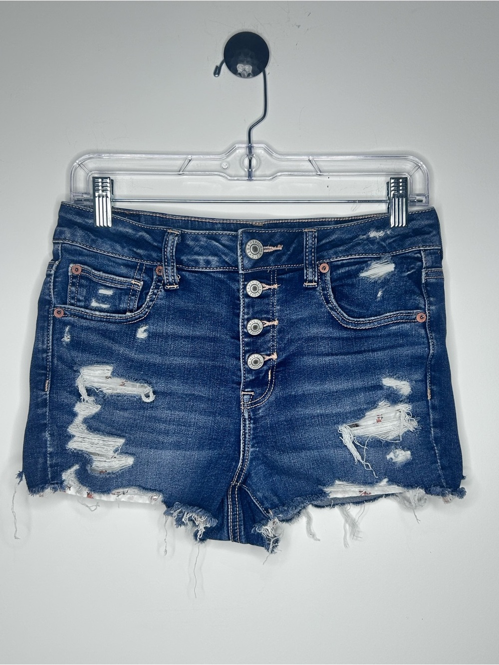 American Eagle Hi-Rise Shortie Shorts Size 8 Distressed Stretch Button Fly Denim
